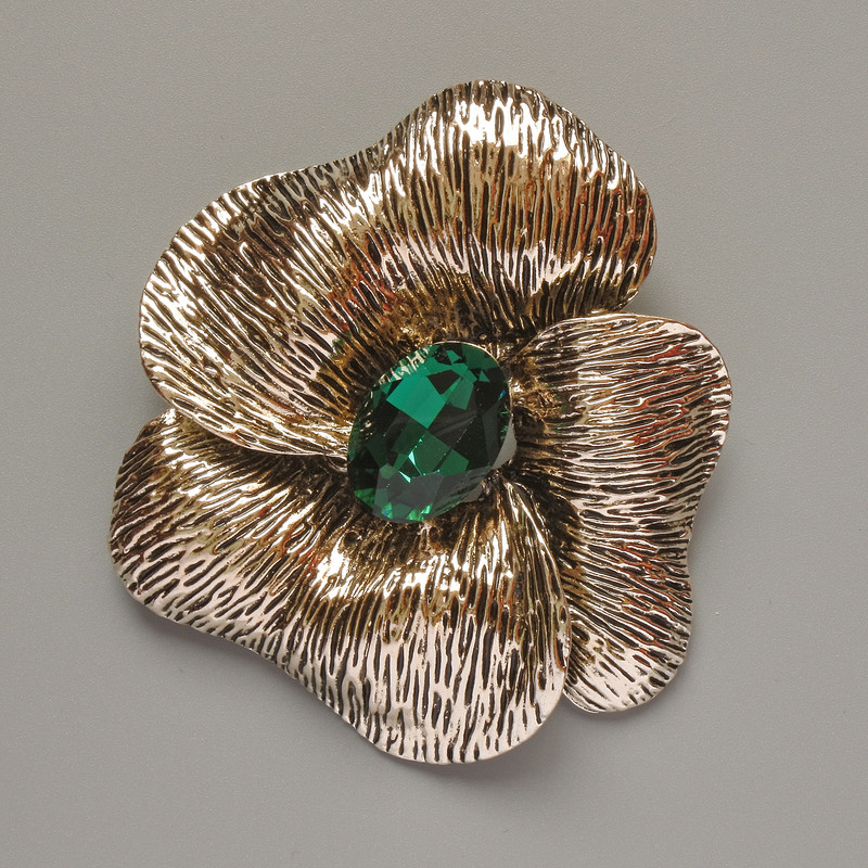 Flower Brooch-Pendant with Green Crystal, Light-Gold Metal, 55x63 mm