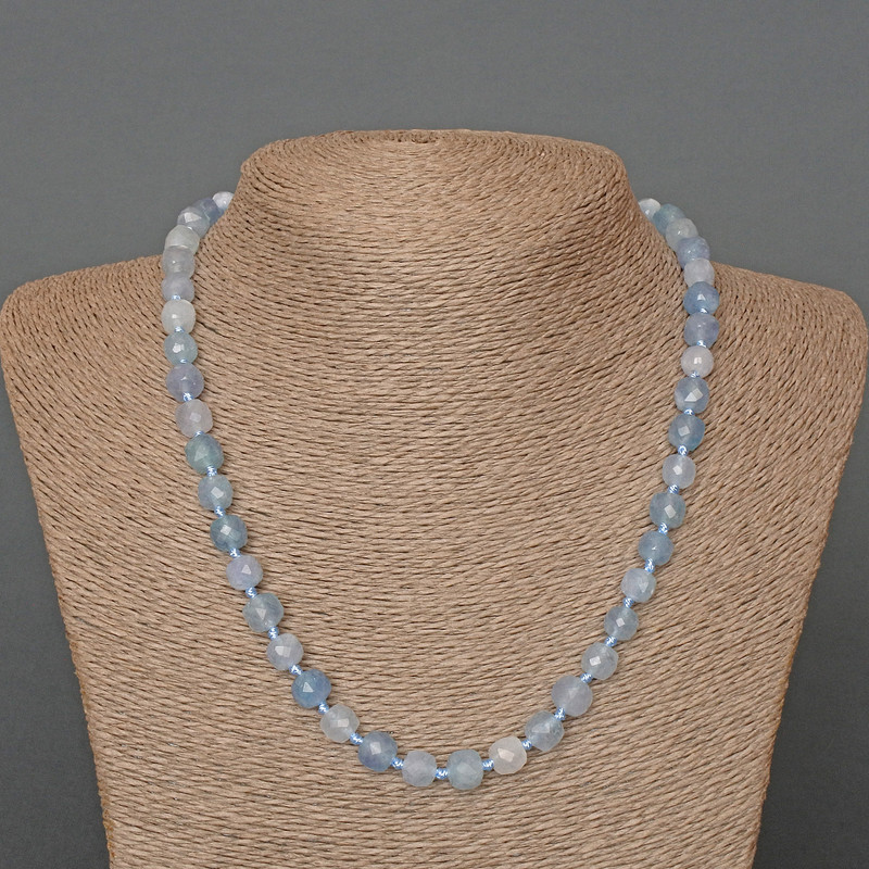 Aquamarine Necklace, natural stone, faceted cube beads, diameter 7.5 mm, length 50 cm