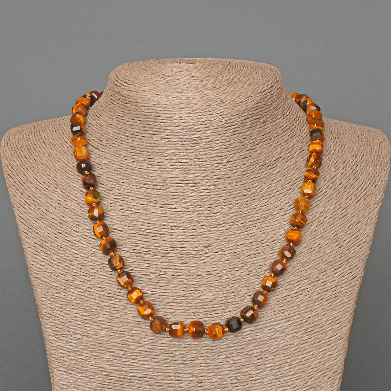 Tiger's Eye Necklace with natural stone, faceted cube beads, diameter 7 mm +-, length 49 cm+