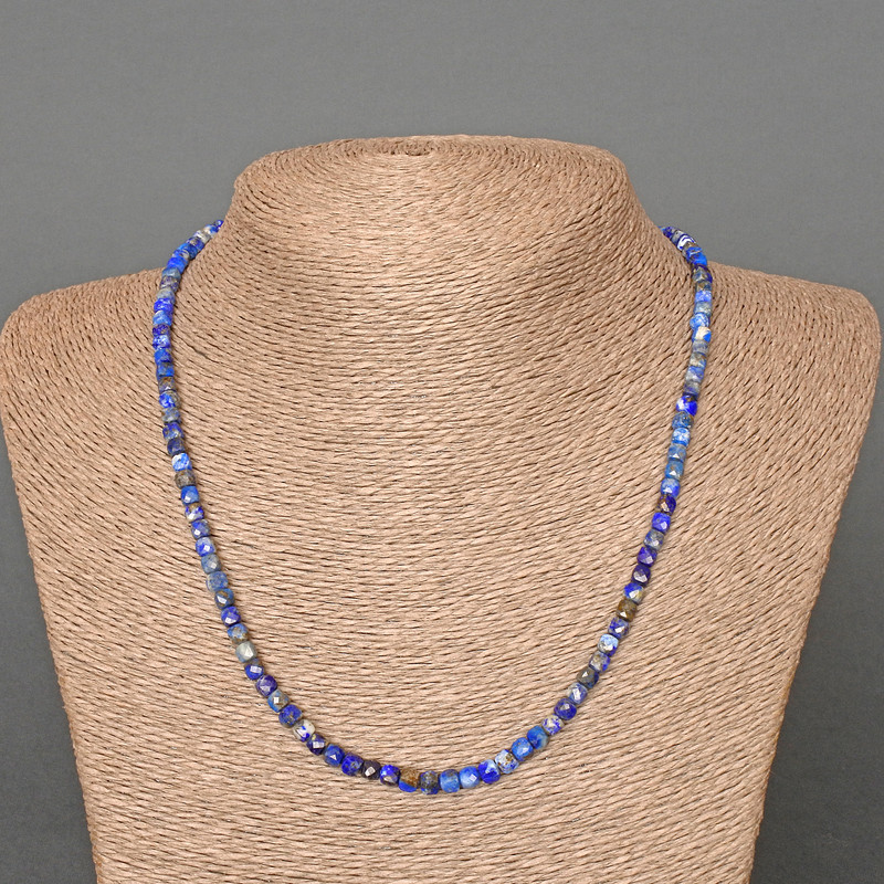 Lapis Lazuli Necklace with Natural Gemstone, Faceted Cube Beads, 4 mm diameter ±, 47 cm length ±