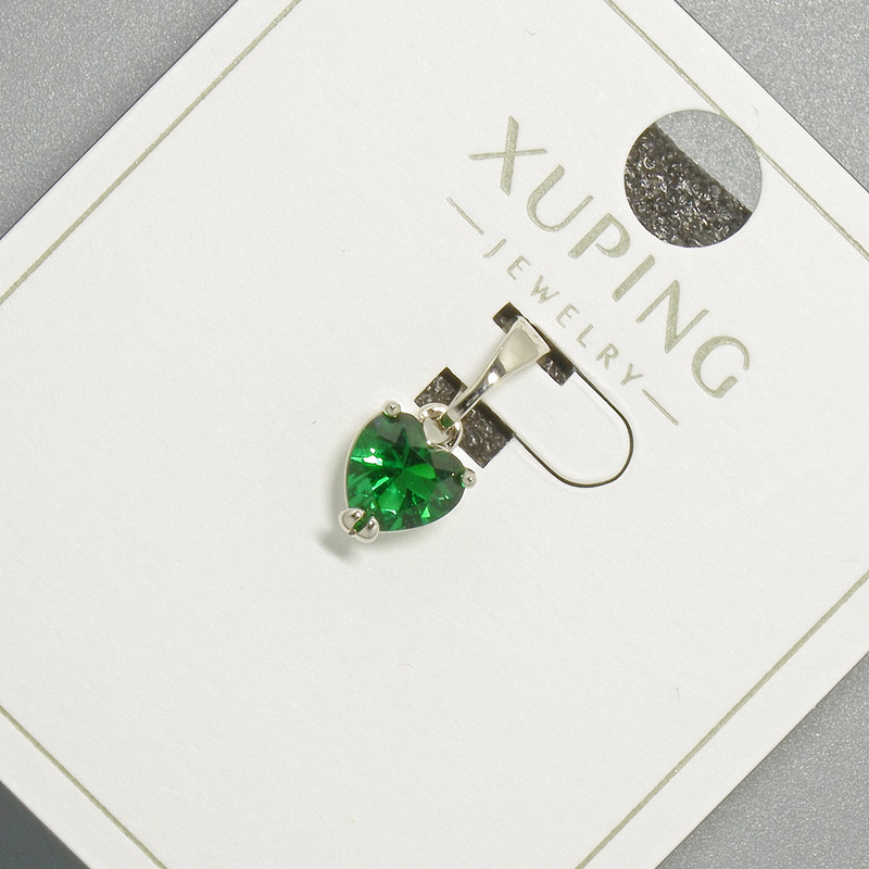 Pendant 'Heart' Xuping with green crystal, diameter 6 mm, length 14 mm, rhodium-plated