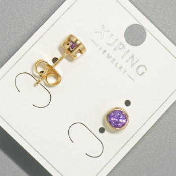 Xuping stud earrings with a purple crystal, round setting, 6 mm diameter, gold-plated