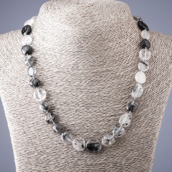 Black rutile quartz necklace with flat faceted beads, 11x14 mm diameter, length approximately 50 cm