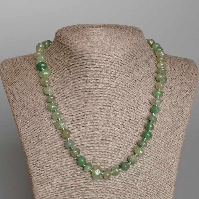 Nephrite natural stone faceted necklace, bead diameter 10x7 mm, length 50 cm