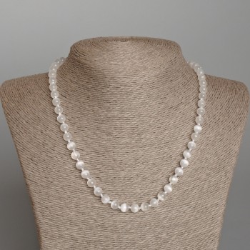 White Cat's Eye Necklace with Smooth Beads, 6.5 mm Diameter, 48 cm Length
