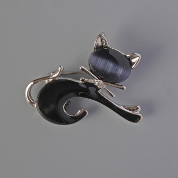 Brooch Kitty with black cat's eye and enamel, silver-toned metal 43x35mm