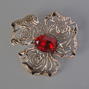 Flower Brooch-Pendant with Red Crystal, Silver-Tone Metal 52x52 mm