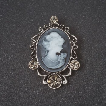 Brooch 'Cameo Lady' in silver-toned metal with crystals, 50mm +