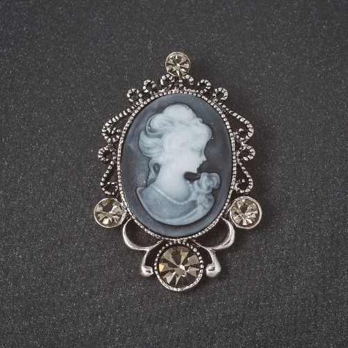 Brooch 'Cameo Lady' in silver-toned metal with crystals, 50mm +