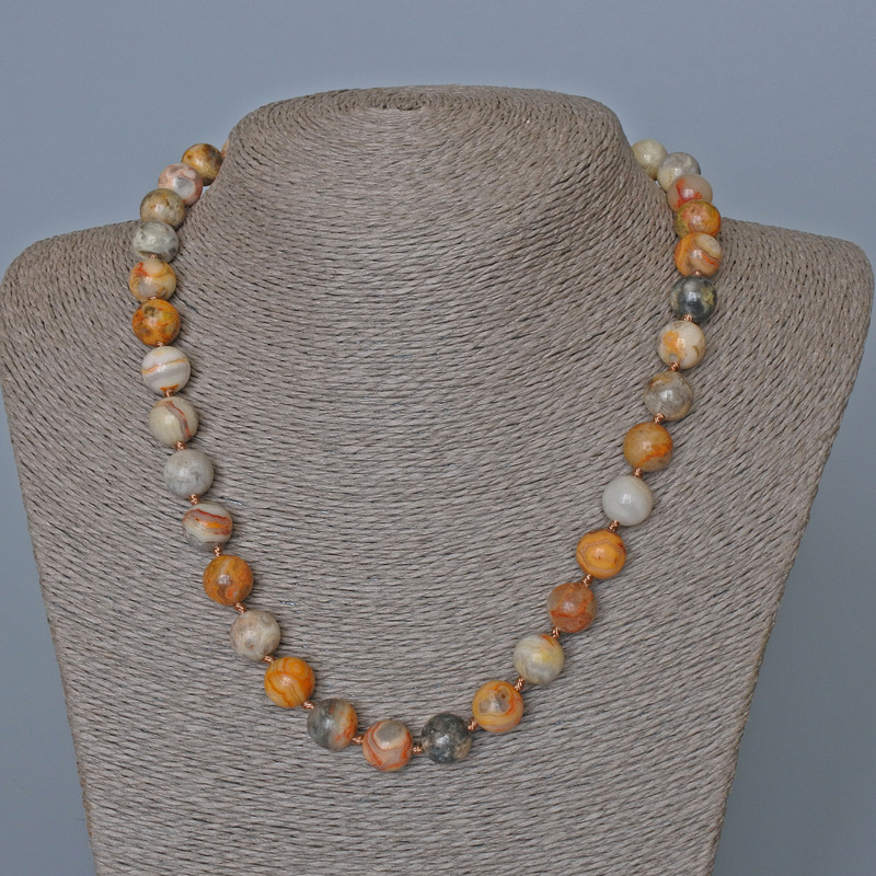 Moroccan Agate Necklace, natural stone, smooth beads, diameter 10.5 mm, length 49 cm