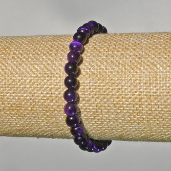 Purple Cat's Eye Bracelet with Natural Stone, Smooth Beads, 6 mm Diameter, 18 cm Length (Stretch)