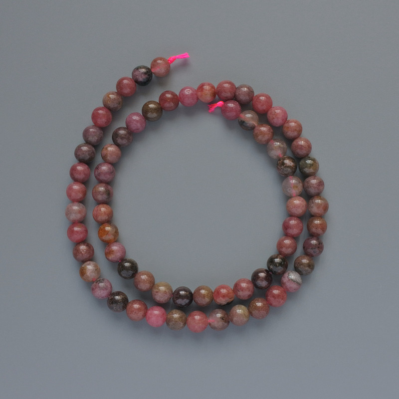 Rhodonite Beads, Natural Stone, Smooth Round Beads, 6 mm Diameter, 38 cm Length on Thread