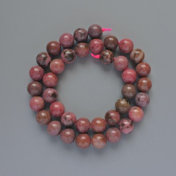 Rhodonite beads, natural stone, smooth spheres, diameter 10 mm, length 39 cm on thread