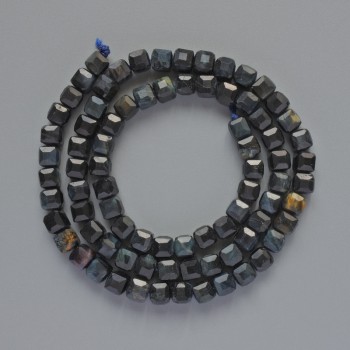 Hawk's Eye Beads, natural gemstone, faceted cubes, 5 mm diameter, 39 cm length on thread