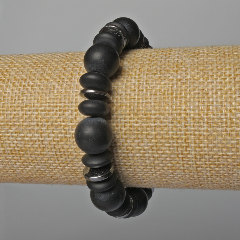 Bracelet of Shungite and Hematite, diameter 12 mm, 8×4 mm, 10×3 mm ±, length 18 cm ± (stretch)