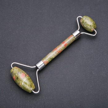 Heliotrope Unakite Stone Massager, Double-Sided, 14.5 cm Long, Silver Metal