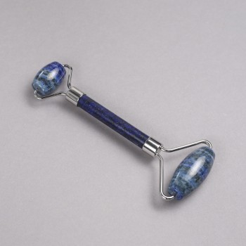 Lazurite Stone Roller Massager, Two-Sided, 14.5 cm, Silver Metal