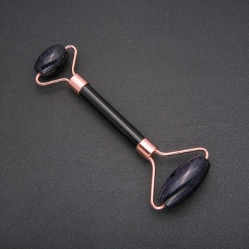 Aventurine Roller Massager 'Night of Cairo' Blue Sand, length 14.5 cm, copper-colored metal finish