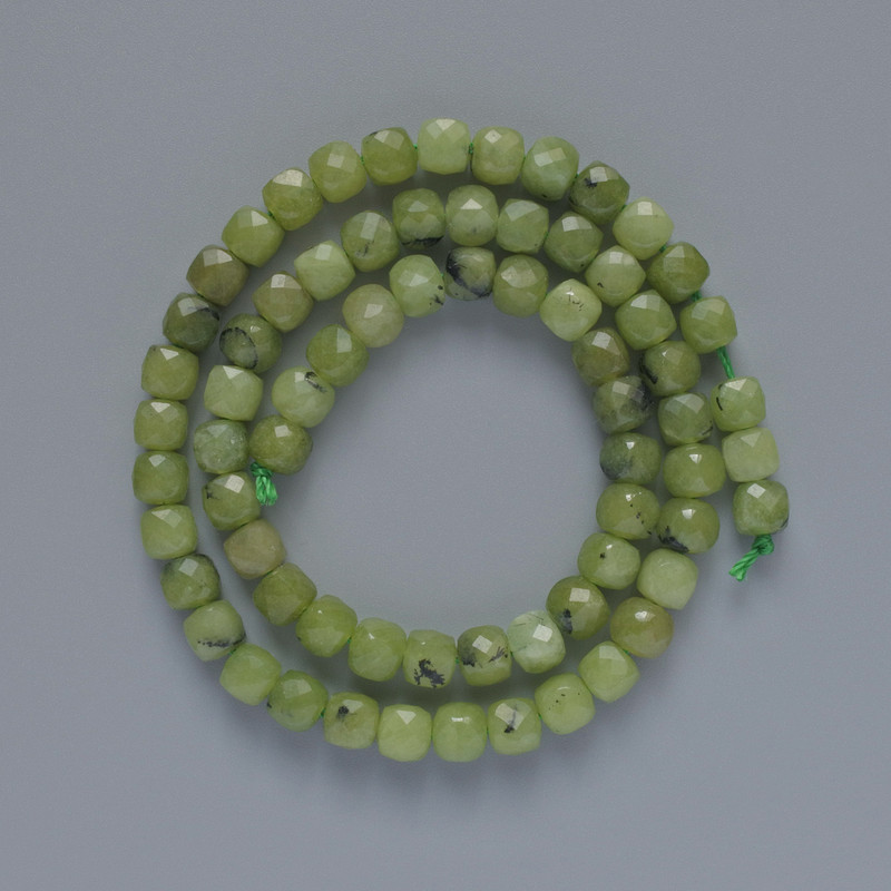 Jadeite Beads, Natural Stone, Faceted Cubes, Diameter 5.5 mm, Length 38 cm, On Thread