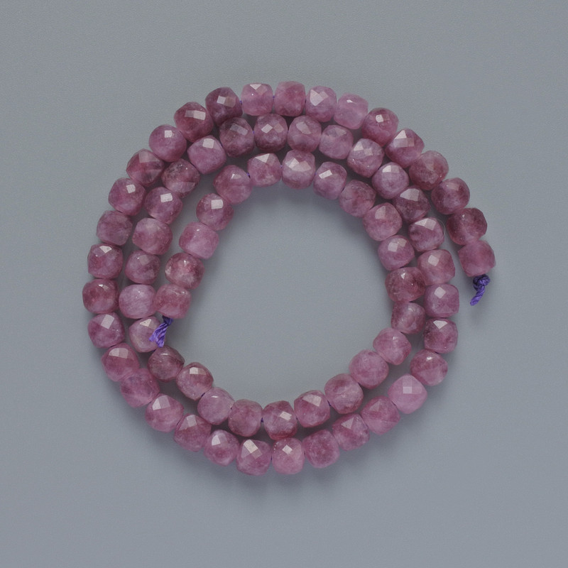 Rubellite Tourmaline Beads - Faceted Natural Stone Cubes, Diameter 5.5 mm, Length about 38 cm on thread