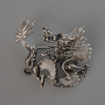 Dragon brooch pendant black gray enamel, silver metal 44x37 mm