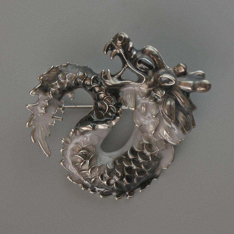Dragon brooch pendant with black and gray enamel, silver-toned metal 42x42 mm