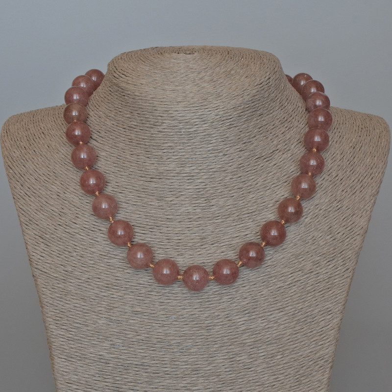 Strawberry Quartz Necklace with natural stone smooth beads, diameter 12.5 mm, length 47 cm