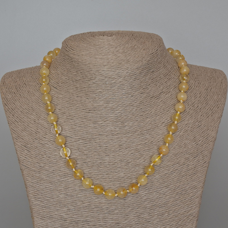 Beaded Necklace of Hairy Rutile Quartz, Natural Stone, Smooth Beads, 8.5 mm Diameter, 48 cm Length