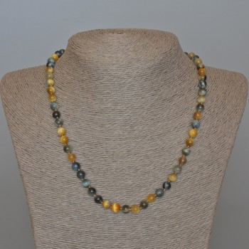 Cat's-eye Yellow-Gray Necklace, natural stone, smooth beads, 6.5 mm diameter, 49 cm length