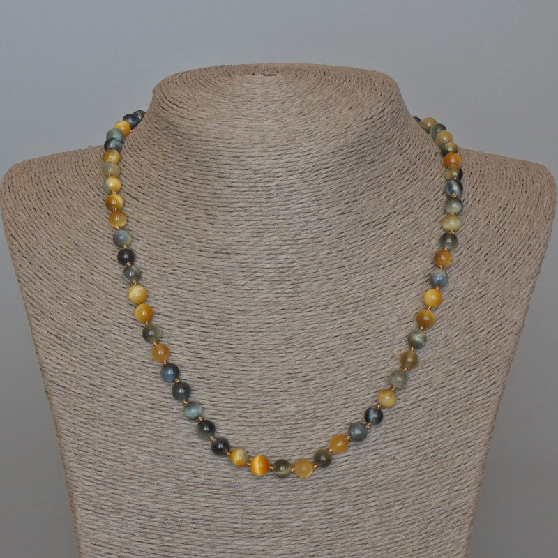 Cat's-eye Yellow-Gray Necklace, natural stone, smooth beads, 6.5 mm diameter, 49 cm length