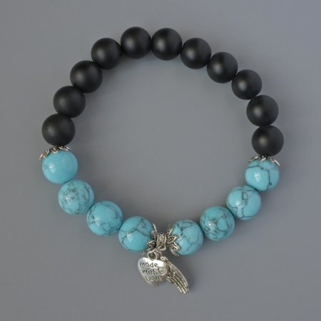 Shungite and Turquoise Bracelet (imit.) smooth beads, diameter 10 mm ±, length 18 cm ±, with metal inserts (stretch)