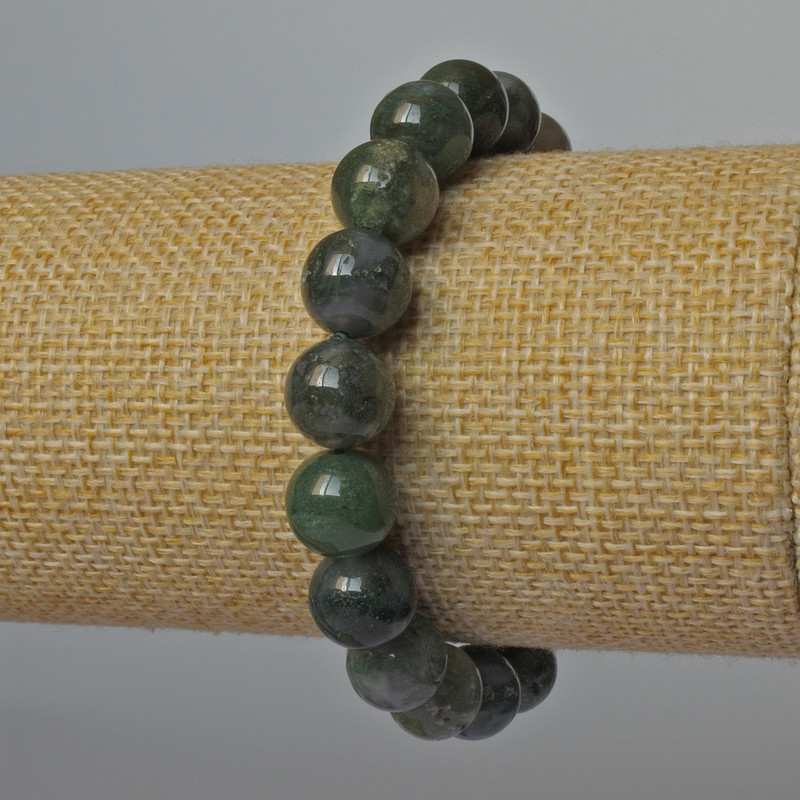 Moss Agate Bracelet, natural stone, smooth beads, diameter 10mm, length 18cm (stretch)