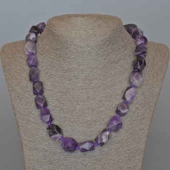 Beaded Necklace Amethyst natural stone faceted, diameter 14×17 mm +/-, length 54 cm +/-