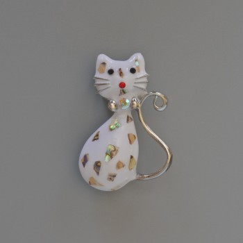 Brooch pendant Kitty with white enamel and Haliotis (abalone shell), crystals, silver-toned metal 25x39mm