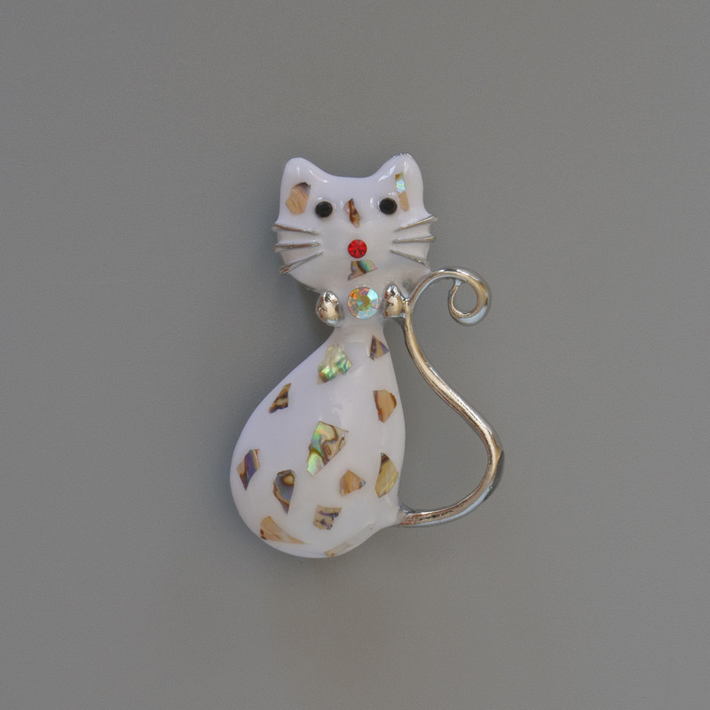 Brooch pendant Kitty with white enamel and Haliotis (abalone shell), crystals, silver-toned metal 25x39mm