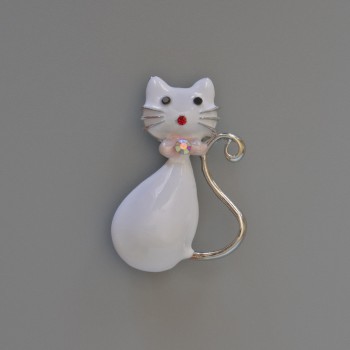 Cat Pendant Brooch White Enamel Crystals Silver-Tone Metal 25×39 mm
