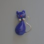 Cat Brooch Pendant with Blue Enamel, Crystals, Silver-Toned Metal 25x39mm