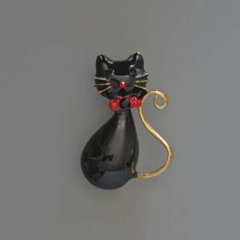 Brooch Pendant Kitty Black Enamel, Crystals, Gold-Toned Metal 25x39mm
