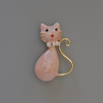 Brooch pendant Kitty pink pearlescent enamel with tiny sparkles, crystals, gold-tone metal 25x39mm