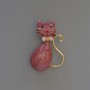Kitty brooch pendant Raspberry pearlescent enamel with glittering accents, rhinestones, gold-tone metal 25×39 mm