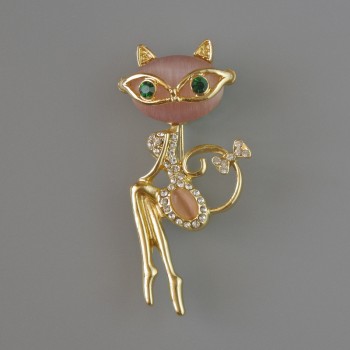 Kitty Brooch Pendant, Pink Cat's Eye, Green and White Crystals, Gold-Tone Metal 23×52 mm