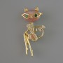 Kitty Brooch Pendant, Pink Cat's Eye, Green and White Crystals, Gold-Tone Metal 23×52 mm