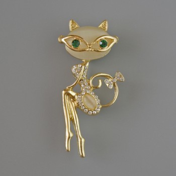 Kitty Brooch Pendant with Cat's Eye and Crystals, Green and White Crystals, Gold-Tone Metal 23×52 mm