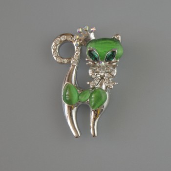 Cat Brooch-Pendant with Green Cat's Eye, Green Crystals, Pink and White Rhinestones, Silver-Tone Metal 28x43 mm