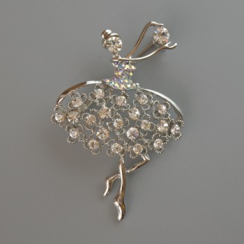 Brooch Ballerina with white and pink crystals, silver-toned metal 39×54 mm