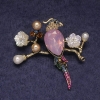 Parrot pink crystal brooch-pendant, colorful rhinestones and beads, gold-tone metal 50x48mm