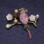 Parrot pink crystal brooch-pendant, colorful rhinestones and beads, gold-tone metal 50x48mm