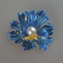 Flower brooch pendant blue matte enamel and white bead, gold-tone metal 46x43mm