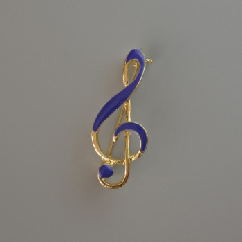 Brooch Treble Clef Blue Enamel, Gold-tone Metal 38x16 mm