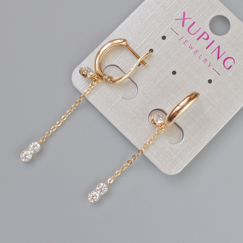 Xuping Earrings with White Crystals, 7.5×3.5 mm diameter, 49 mm length, 18K Gold Plating